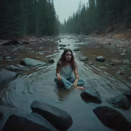 a young woman in a body of water on rocks