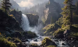 an artistic painting of waterfall with trees on the side