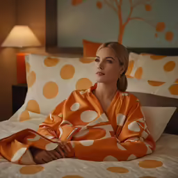 a woman with brown hair is wrapped in a polka dot blanket