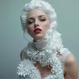 a woman with a huge white dress and hair