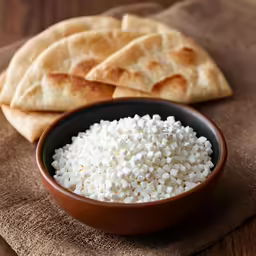 the bread is next to a bowl filled with rice