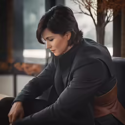 a woman sitting down on the couch, looking at something