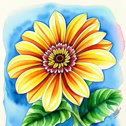 a painting of a yellow flower with green leaves,a sunflower sits against the blue background with large green leaves,a watercolor drawing of a large yellow sunflower,a painting of an orange flower with watercolors on it,a drawing of a large yellow flower with green leaves