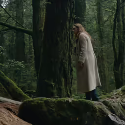 a woman standing in front of a large tree