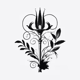 black and white drawing of a lightpost with leaves,a stylized flower with lots of leaves in it
