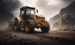 a large yellow tractor traveling through the rocky terrain