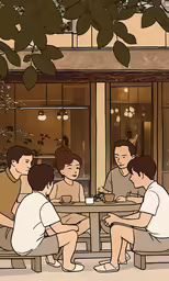 several people sit at a table together, looking through a window