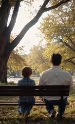 a man and child are sitting on a park bench