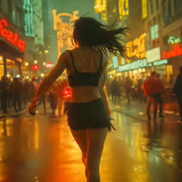a woman in a black skirt is walking in the rain