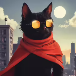 a cat in sunglasses and a scarf with the sun shining