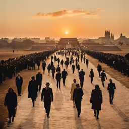 a group of people walking down a street in the sunset