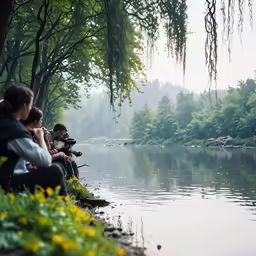 a group of people sitting by a body of water