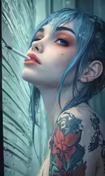 a woman with blue hair smoking a cigarette