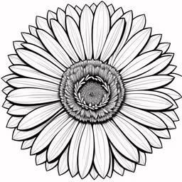 black and white drawing of a large flower,an ink drawing of a sunflower,an abstract image of a sunflower in black and white,a large flower that is in black and white,an abstract black and white flower with a large center