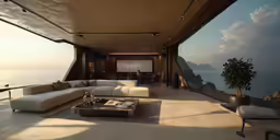 a couch in the middle of a large patio
