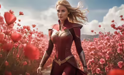 a female thor - man walks through a field full of red flowers