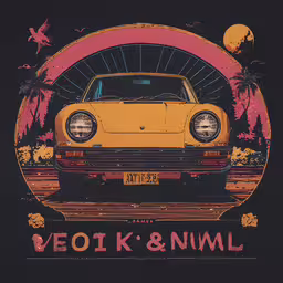 a car in front of a sunset with palm trees,a yellow vw buggy driving through a retro sunset