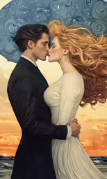 a couple kissing while standing on a beach