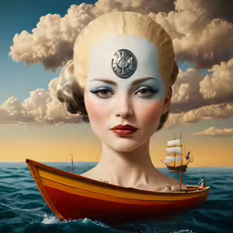 the woman is in the boat and she has blue eyes,a digital portrait of a beautiful blonde haired girl on a boat