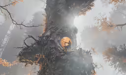 a giant tree with an electronic clock in the center surrounded by trees