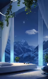 a large window in a room with a mountain view