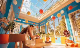 a woman stands in a brightly colored room