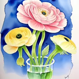 the flowers are in a small glass with water,the drawing is designed with watercolors and pen and ink