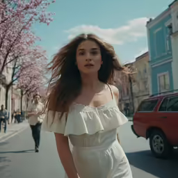 woman in white dress walking down the street by cherry blossom trees