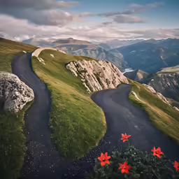 a landscape of mountains and rolling road in the hills