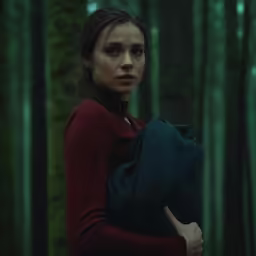 a woman with dark makeup, holding a large gray bag in a forest