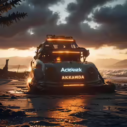 an old car is sitting on the beach at sunset