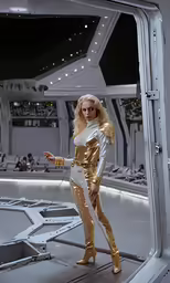 a woman in gold outfit standing on a stage