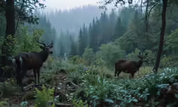the two deer are in the woods beside each other