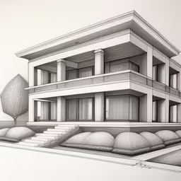 an architectural rendering of a house with steps leading up to the front,a drawing of a modern residential building with columns