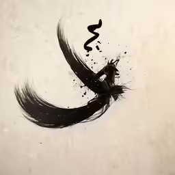 an image of a black bird flying with feathers around it