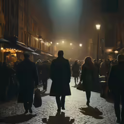 man and woman walking down a sidewalk at night
