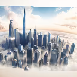 an aerial view of a city and its surrounding clouds