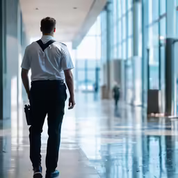 a man in a uniform walking down an empty hallway