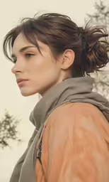a girl with her hair in an updo wearing a leather jacket