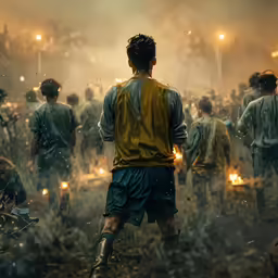 a soccer player in uniform is running through the mud with many others