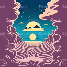 abstract landscape with hills, stars and a full moon,a retro poster with the stars and clouds above water