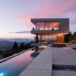 a modern home with pool at dusk