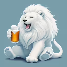 a white lion is holding a beer glass