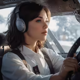 the woman is sitting behind the steering wheel and listening to music