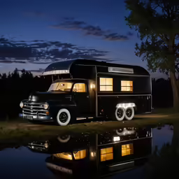 a parked black truck sitting in the middle of a lake