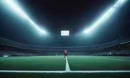 an empty stadium with grass and lighted lights
