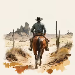 man in cowboy hat riding brown horse on road near mountains