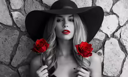 a woman wearing a hat and holding flowers in her hands