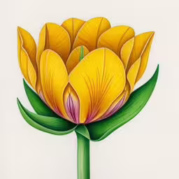 a drawing of a yellow flower,a drawing of a flower is shown,a drawing of an open yellow flower on a white background,this is an image of a flower with green leaves,a painting of a flower with leaves on top