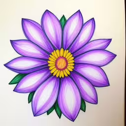 a drawing of purple and yellow flower with green leaves,a close up view of a flower drawn in colored pencils,colored flower drawing on white paper with green leaves,a purple flower painted on white paper with green leaves,a painting of a purple flower with green leaves